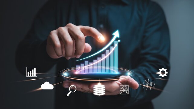 Man holding a digital display with a rising graph, symbolizing business growth, investment, and financial success in the digital age