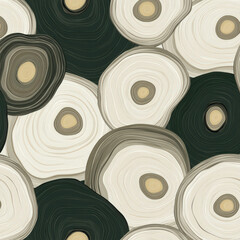 A pattern of circles and squares in various sizes and colors. The circles are mostly white and black, with some brown and gray. The pattern is abstract