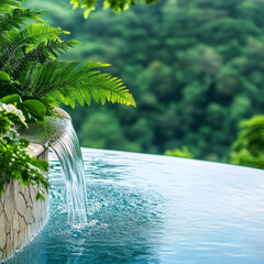 A waterfall is flowing into a pool of water. The water is clear and calm. The pool is surrounded by lush green plants. The scene is peaceful and serene