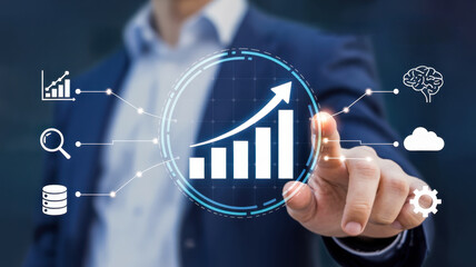 Obraz premium Businessman touching virtual screen with graph, chart and diagram concept of business, technology, data analysis, and success isolated on white background