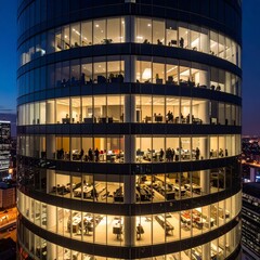 panoramic view a towering glass skyscraper, where office lights reveal business professional