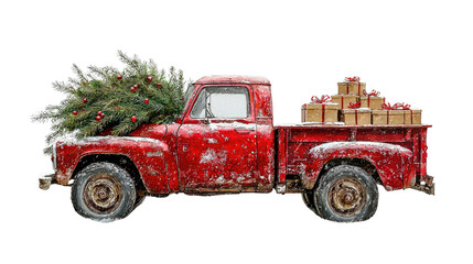 Vintage Red Truck with Christmas Tree and Presents for Holiday Season