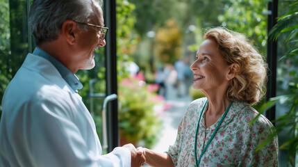 Male doctor opening glass door and greeting happy senior woman with handshake at hospital entrance, under gentle natural light, highlighting warm welcome and professional setting,