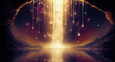A mystical cave scene featuring a waterfall of golden light cascading into a reflective pool. The backdrop showcases a galaxy sky with shimmering stars, evoking a sense of wonder and fantasy.