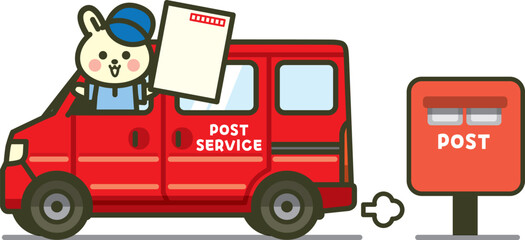 Fototapeta premium 真横の郵便車とウサギの郵便屋さんのイラスト（大きなハガキとポスト付き）
