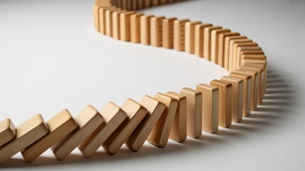 Domino effect concept, wooden dominoes falling in a row isolated on white background, business strategy and risk management