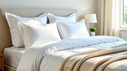 Luxury Bedroom Interior Design, Cozy Sleep Space, Modern Home Comfort, Restful Environment, Soft Linen Textures, Peaceful Morning Light, Elegant Relaxation.