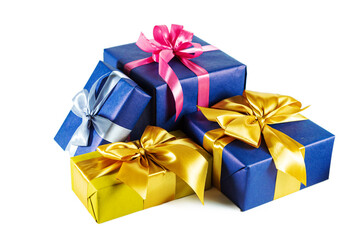 Elegant blue and gold gift boxes with bows isolated on white background.