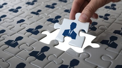 Hand putting piece of puzzle with businessman icon into the missing place concept of human resource, recruitment and team building