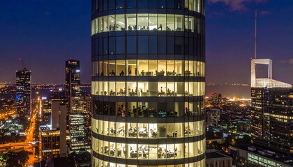 panoramic view a towering glass skyscraper, where office lights reveal business professional