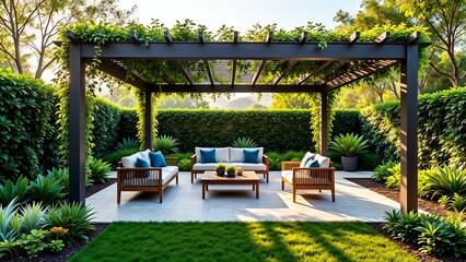 Sustainable Living; Biophilic Design; Cozy Outdoor Patio; Modern Architecture; Garden Sanctuary; Rattan Furniture; Indoor Outdoor Flow