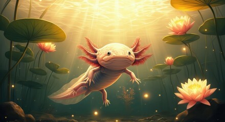 A pixelated axolotl swims in murky green water amidst lily pads with pink flowers under bright sunlight. The scene captures a magical underwater environment.