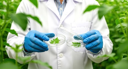 Scientist holding plant leaf samples in petri dishes for agricultural research