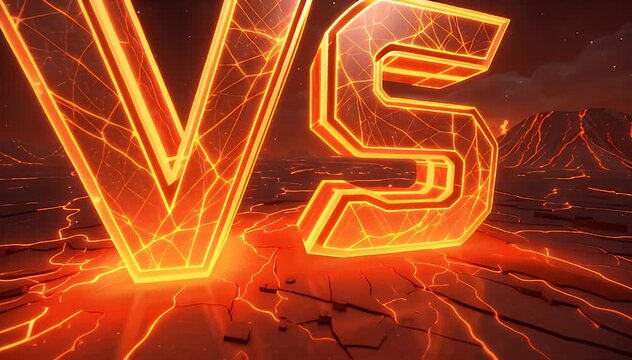 Dynamic fiery 'VS' symbol with glowing lava cracks emerges from a desolate inferno landscape, powerfully embodying ultimate competition, epic challenge, and intense rivalry