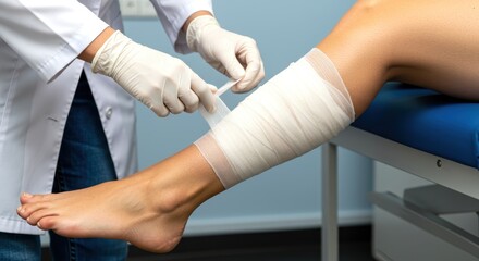 Fototapeta premium Doctor's gloved hands applying an elastic bandage to a patient's leg in a medical setting
