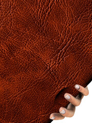 Exclusive Artistic Composition of Hand Bending Natural Brown Leather Surface with Realistic Wrinkles on an Elegant Background