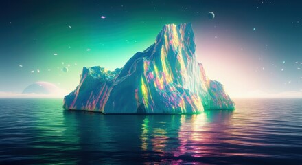 A pixelated iceberg with an iridescent glow floats on the ocean at night. The sky is filled with stars, creating a surreal and dreamlike landscape. The water reflects the colorful light.