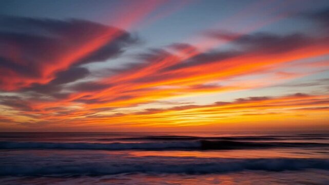 Serene long exposure shot of a colorful coastal sunset with fiery clouds reflecting on the calm ocean waves