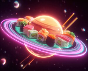 A plate of sushi rolls is presented with a planet in a space-themed setting, enhanced by neon rings, soft bokeh lights, and a dark cosmic backdrop. It gives artistic and creative modern look.