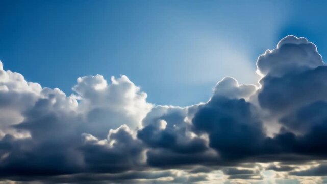 Sunbeams breaking through dramatic dark storm clouds in a vibrant blue sky, creating a silver lining effect