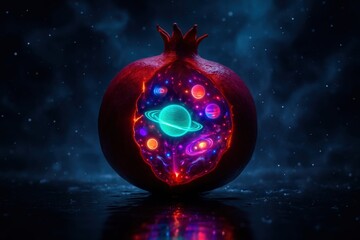 A vibrant red pomegranate with a cutaway revealing a glowing galaxy interior with planets and stars against a dark cosmic background. A conceptual artwork.