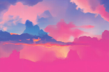Abstract cloudy sky painting in bright pink and blue hues illustrating a sunset