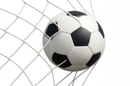Soccer ball hitting goal net, scoring a point, celebrating victory in a sports competition game