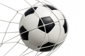 Soccer ball hitting goal net, scoring a decisive point, celebrating success and achievement in sports, transparent background