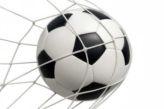 Soccer ball hitting goal net, scoring a decisive point, celebrating success and achievement in sports, transparent background