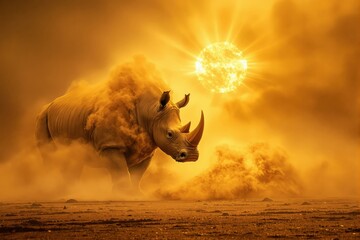 Rhino stands in dust with sunlight behind. This striking warm-toned scene captures the essence of wildlife in its natural habitat, emphasizing the raw beauty and power of the animal.
