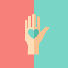 Obraz premium A stylized open hand holding a heart, symbolizing charity, love, and support on a split-color background.