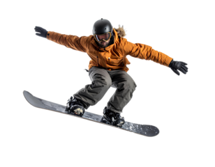 A snowboarder in mid-air performing a jump during a winter sport activity isolated on a transparent background.