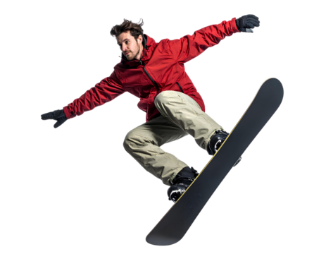 A snowboarder in mid-air performing a jump during a winter sport activity isolated on a transparent background.
