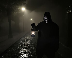 A shadowy figure clutching a lantern navigates a fog-laden brick road at night, framed by dim streetlights. The eerie setting evokes a sense of mystery and foreboding.