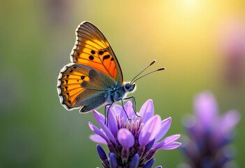 Obraz premium A butterfly with intricate wing patterns resting on a purple lavender flower. Macro shot, soft morning light, delicate, summer