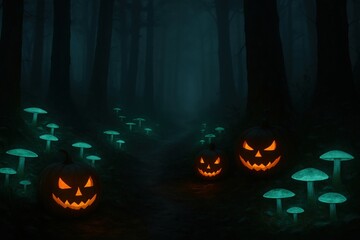 Spooky Night Scene of Carved Pumpkins and Glowing Mushrooms in Dark Forest
