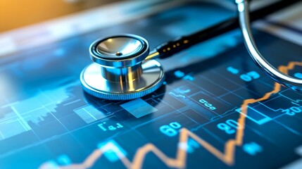 a close-up view of a stethoscope resting on a digital screen displaying data and graphs. This image symbolizes healthcare, technology, and analysis