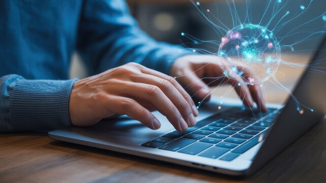 Close up of hands typing on a laptop with an abstract digital brain graphic overlay, representing artificial intelligence concept