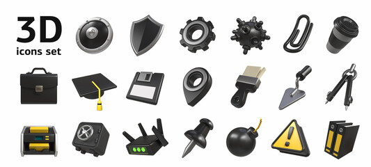 a 3D set of icons. A collection of 20 images. For use in web design and website design. Study and technology in the development of a successful business. 3d rendering