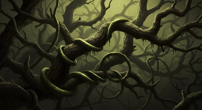 Tangled Mysteries: Dark Fantasy Forest Canopy with Overgrown, Intertwined Branches and Eerie Green Light