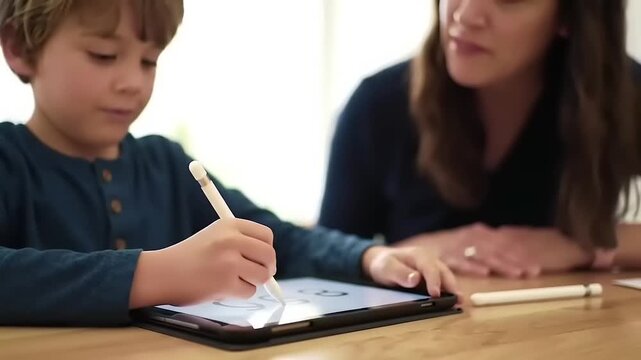 A young boy uses an Apple Pencil to learn and draw on a tablet with his mother or teacher