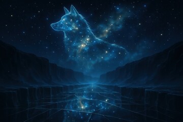 A digital art showing a starry wolf constellation reflecting over the dark canyon landscape during night with space, stars, galaxy, and nebula.