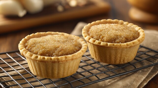 Delicious homemade mini pies on a cooling rack with rustic background