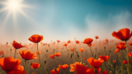 Fototapeta premium Poppy field wall art print featuring a blooming landscape, celebrating natural beauty, harmony, and vibrant floral elegance.