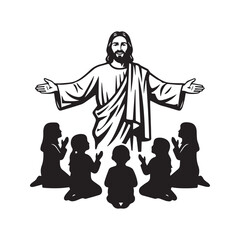 Jesus Christ Blessing a Group of Children, Christian Religious Silhouette. Savior with Kids, Sunday School Vector Graphic.
