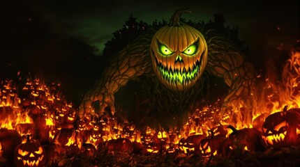 A massive, monstrous pumpkin figure emerges from a burning pumpkin patch, set against a dark night sky. The creature exudes terror, embodying a Halloween nightmare.