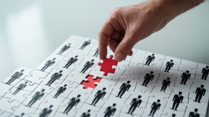 Naklejka premium Hand placing a red puzzle piece into a jigsaw puzzle with business people, symbolizing recruitment, teamwork, and finding the right candidate