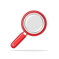 Cartoon red magnifying glass focusing on small print and information for investigation