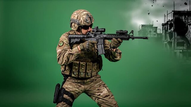Man soldier with a rifle standing on green screen. Military uniform and tactical gear, army or special forces concept. Footage.