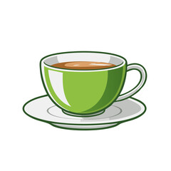 Fototapeta premium Vector illustration of a hot coffee or tea in a green cup with saucer